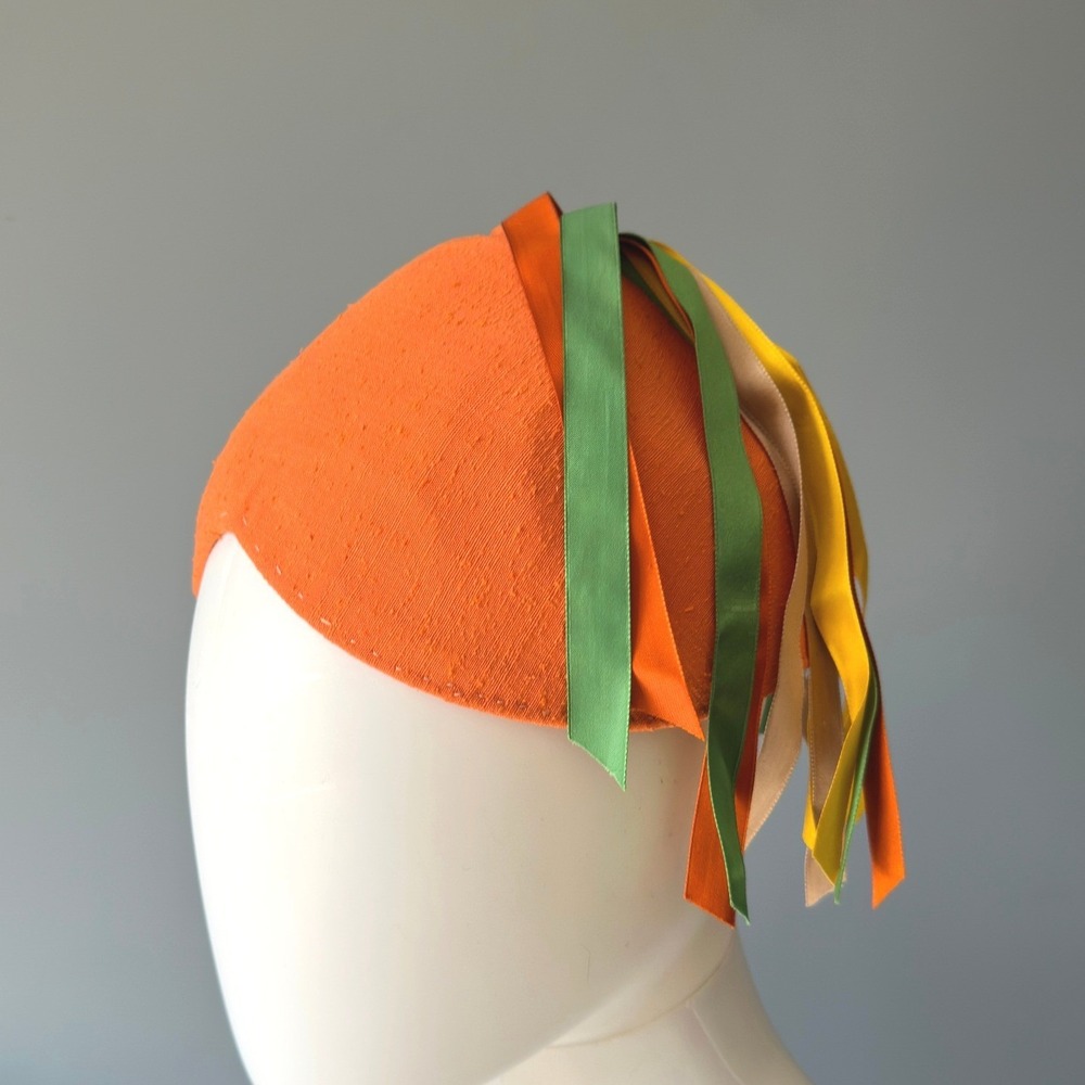 Vintage Orange Pillbox Fascinator Hat Multi Color Ribbon Streamers Retro 60s MCM